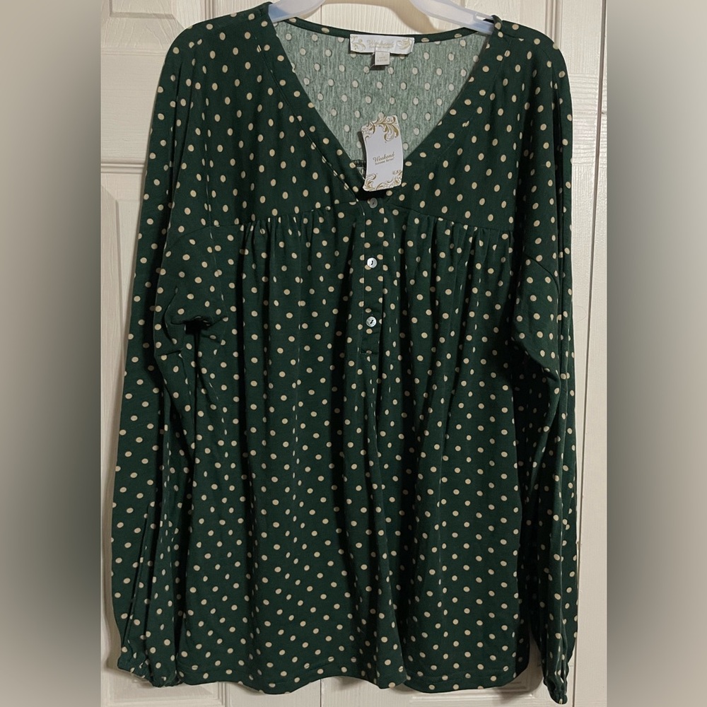 Suzanne Betro Green & Cream Polka Dot Long Sleeve Knit Top Tunic Sz Small NWT